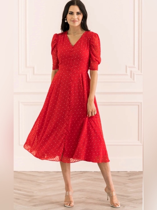 Rachel Parcell Dresses & Skirts - Rachel Parcell Red Polka Dot Midi Dress with Puff Sleeves and V-Neck